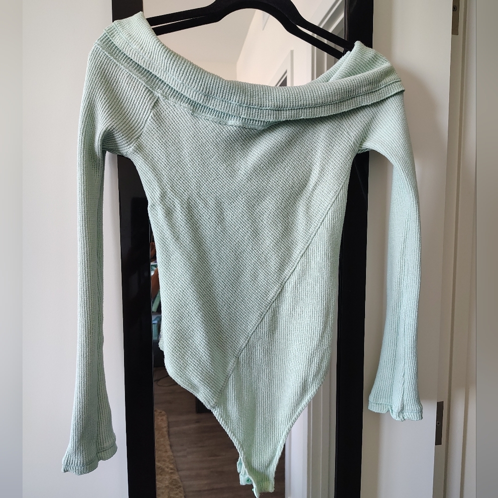 Free People Off-the-Shoulder Ribbed Bodysuit Sweater in Mint